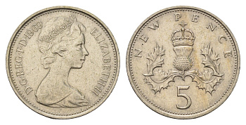 Великобритания 5 новых пенсов 1969 Елизавета II (1952-2022) KM 911, Spink 4233 (D1) медно-никель 68-313