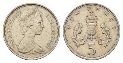 Великобритания 5 новых пенсов 1969 Елизавета II (1952-2022) KM 911, Spink 4233 (D1) медно-никель 68-313