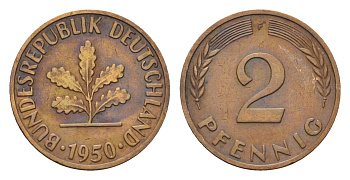 ФРГ 2 пфеннига 1950 F KM 106, J. 381 бронза 4594-462