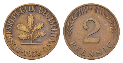 ФРГ 2 пфеннига 1950 F KM 106, J. 381 бронза 4594-462