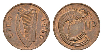 Ирландия 1 пенни 1980 мифологическая птица лира KM 20 бронза 4690-426