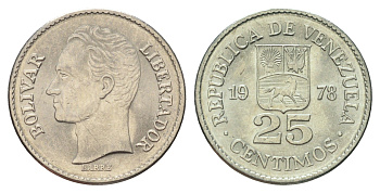Венесуэла 25 сентимо 1978 Симон Боливар Y 50 никель UNC 4173-864