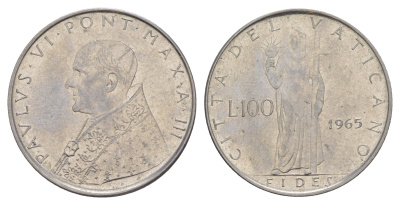 Ватикан 100 лир 1965 Павел VI KM 82 нержавеющая сталь UNC 4648-141