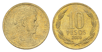 Чили 10 песо 2006 KM 228 никель латунь 4674-169