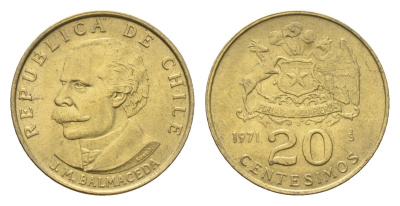 Чили 20 сентесимо 1971 KM 195 алюминиевая бронза UNC 4689-144