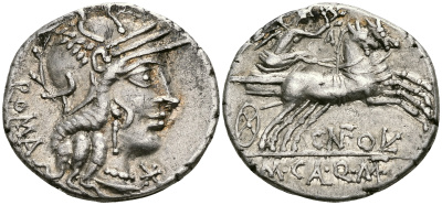 Римская Республика денарий 117 - 116 гг. до н.э. монетарии М. Калидий, Кв. Метелл и Гн. Фульвий. голова Ромы / Виктория в биге extremely fine 3,93 гр. Crawf. 284/1 b; Syd. 539 a серебро 1073-5-3-1