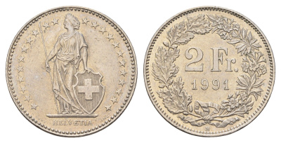Швейцария 2 франка 1991 KM 21a медно-никель 186-835