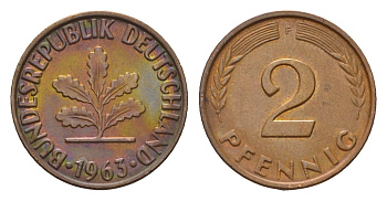 ФРГ 2 пфеннига 1963 F KM 106, J. 381 бронза 4564-254