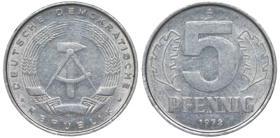 ГДР 5 пфеннигов 1972 A KM 9.1 алюминий 62-247