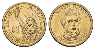 США 1 доллар 2008 P, Президент США - Эндрю Джексон (1829-1837) KM 428 медь с марганцево-латунным покрытием UNC 4698-922