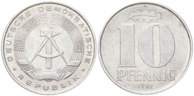 ГДР 10 пфеннигов 1967 A KM 10 алюминий 4613-953