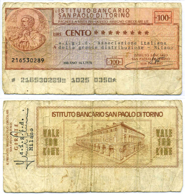 Италия чек на 100 лир 1976 Milano 14 января 1976, Instituto Bancario San Paola Di Torino   бумага   8603-6-2-1