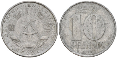 ГДР 10 пфеннигов 1968 A KM 10 алюминий 55-133