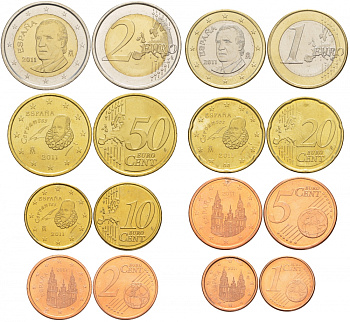 Испания евронабор из 8 монет 2011 1, 2, 5, 10, 20, 50 евроцентов, 1 и 2 евро KM 1040, 1041, 1042, 1070, 1071, 1072, 1073, 1074 4686-321-327