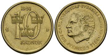 Швеция 10 крон 1991 Карл XVI Густав (1973- ) KM 877 нордик 181-331
