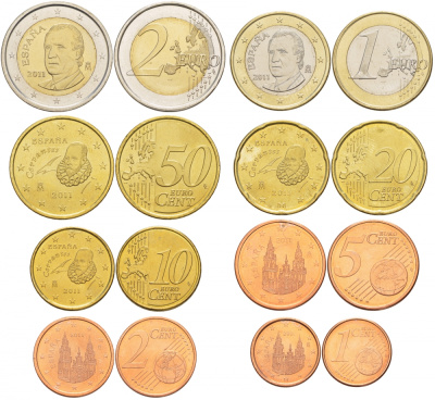 Испания евронабор из 8 монет 2011 1, 2, 5, 10, 20, 50 евроцентов, 1 и 2 евро KM 1040, 1041, 1042, 1070, 1071, 1072, 1073, 1074 4686-321-327