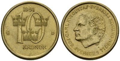 Швеция 10 крон 1991 Карл XVI Густав (1973- ) KM 877 нордик 181-331