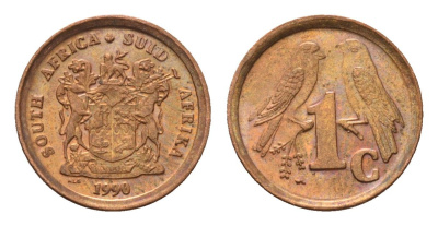 ЮАР 1 цент 1990 герб, капские воробьи KM 132 сталь плакированная медью UNC 4690-1255