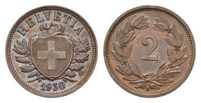 Швейцария 2 раппена 1930 B KM 4.2 бронза 46-915