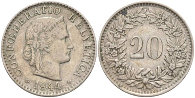 ШВЕЙЦАРИЯ 20 РАППЕНОВ 1944 В KM 29a медно-никель 55-716