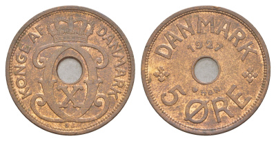 Дания 5 эре 1927 HCN, Кристиан X (1912-1947) KM 828 бронза 4654-734