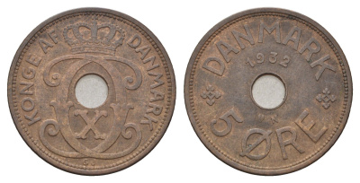 Дания 5 эре 1932 N, Кристиан X (1912-1947) KM 828 бронза 4700-835