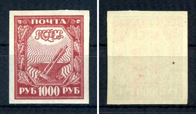 РСФСР марка 1000 рублей 1921 Второй стандартный выпуск почтовых марок РСФСР Загорский RSF 13    марка с оригинальным клеем, без следов наклейки (чистая) 8707-2-8-4