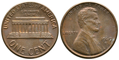 США 1 ЦЕНТ 1969 D, ЛИНКОЛЬН KM 201 медь цинк 93-1245