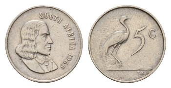 ЮАР 5 центов 1965 Ян ван Рибек (1619-1677), South Africa, легенда на англинском, райский журавль KM 67.1 медно-никель 4682-722