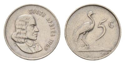 ЮАР 5 центов 1965 Ян ван Рибек (1619-1677), South Africa, легенда на англинском, райский журавль KM 67.1 медно-никель 4682-722