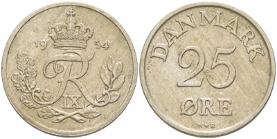 Дания 25 эре 1954 N; S, Фредерик IX (1947-1972) KM 842.1 медно-никель 4402-1241