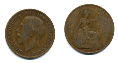 Великобритания 1 пенни 1919 Георг V (1910-1936) КМ 810, Spink 4051 бронза 47-316