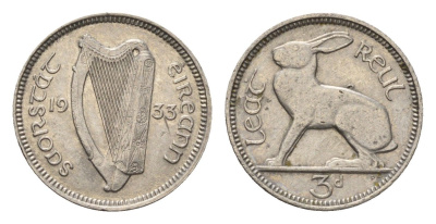 Ирландия 3 пенса 1933 заяц KM 4 никель 3851-1118