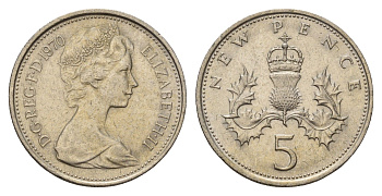 Великобритания 5 новых пенсов 1970 Елизавета II (1952-2022) KM 911, Spink 4233 (D1) медно-никель 55-217