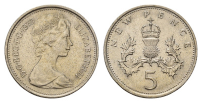 Великобритания 5 новых пенсов 1970 Елизавета II (1952-2022) KM 911, Spink 4233 (D1) медно-никель 55-217