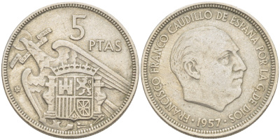 ИСПАНИЯ 5 ПЕСЕТ 1957 (59) ФРАНСИСКО ФРАНКО ДИКТАТОР ИСПАНИИ ( 1939- 1975) KM 786 медно-никель 216-644