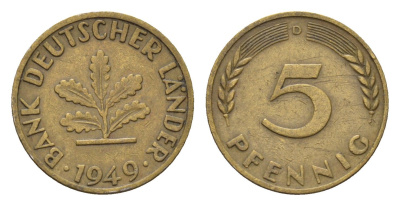 ФРГ 5 пфеннигов 1949 D KM 102, J. 377 сталь плакированная латунью 4685-358