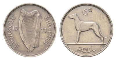 Ирландия 6 пенсов 1928 собака, ирландский волкодав KM 5 никель 4690-324