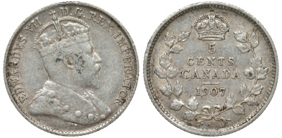 Канада 5 центов 1907 Эдуард VII (1901-1910) KM 13 серебро 4588-733