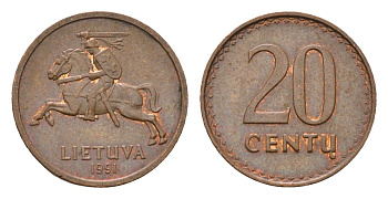 Литва 20 центов (сентов) 1991 KM 89 бронза 4694-1236