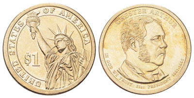 США 1 доллар 2012 P, Президент США - Честер Алан Артур (1881–1885) KM 524 медь с марганцево-латунным покрытием UNC 4695-921