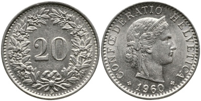 Швейцария 20 раппенов 1960 В KM 29а медно-никель 4529-735