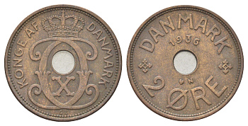 Дания 2 эре 1936 N, Кристиан X (1912-1947) KM 827 бронза 4701-831