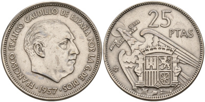 Испания 25 песет 1957 (65) Франсиско Франко (1939-1975) KM 787 медно-никель    4153-217