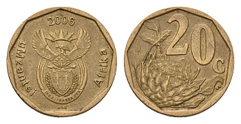 ЮАР 20 центов 2006 герб, цветок протея KM 488 сталь плакированная бронзой 4687-615