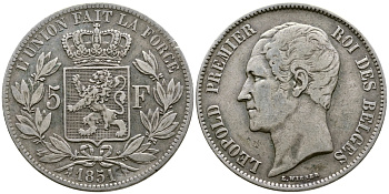 Бельгия 5 франков 1851 Леопольд I (1831-1865) KM 17 серебро 1067-1-66