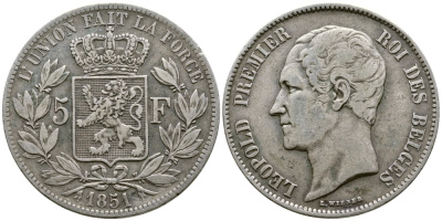 Бельгия 5 франков 1851 Леопольд I (1831-1865) KM 17 серебро 1067-1-66