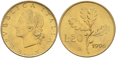 Италия 20 лир 1996 R, дубовый лист KM 97.2 алюминиевая бронза  UNC  4594-1052