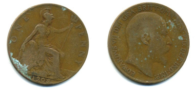 Великобритания 1 пенни 1908 Эдуард VII (1901-1910) KM 794.2, Spink 3990 бронза 47-716