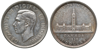 Канада 1 доллар 1939 Королевский визит в Оттаву, парламент, Георг VI (1936-1952) KM 38 серебро 4044-1414